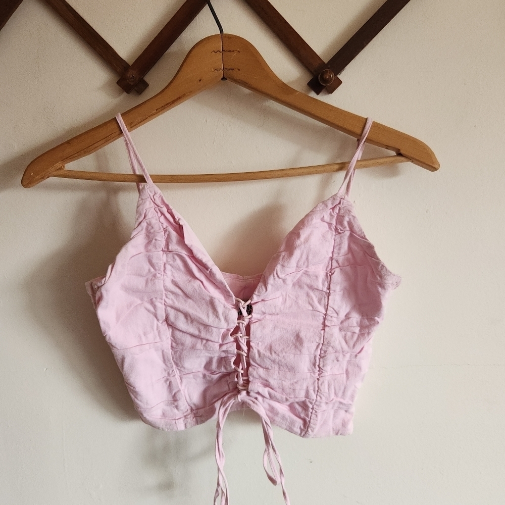 Tiger Mist Pink Lace-Up Crop Tank Top Corset Cotton Small S